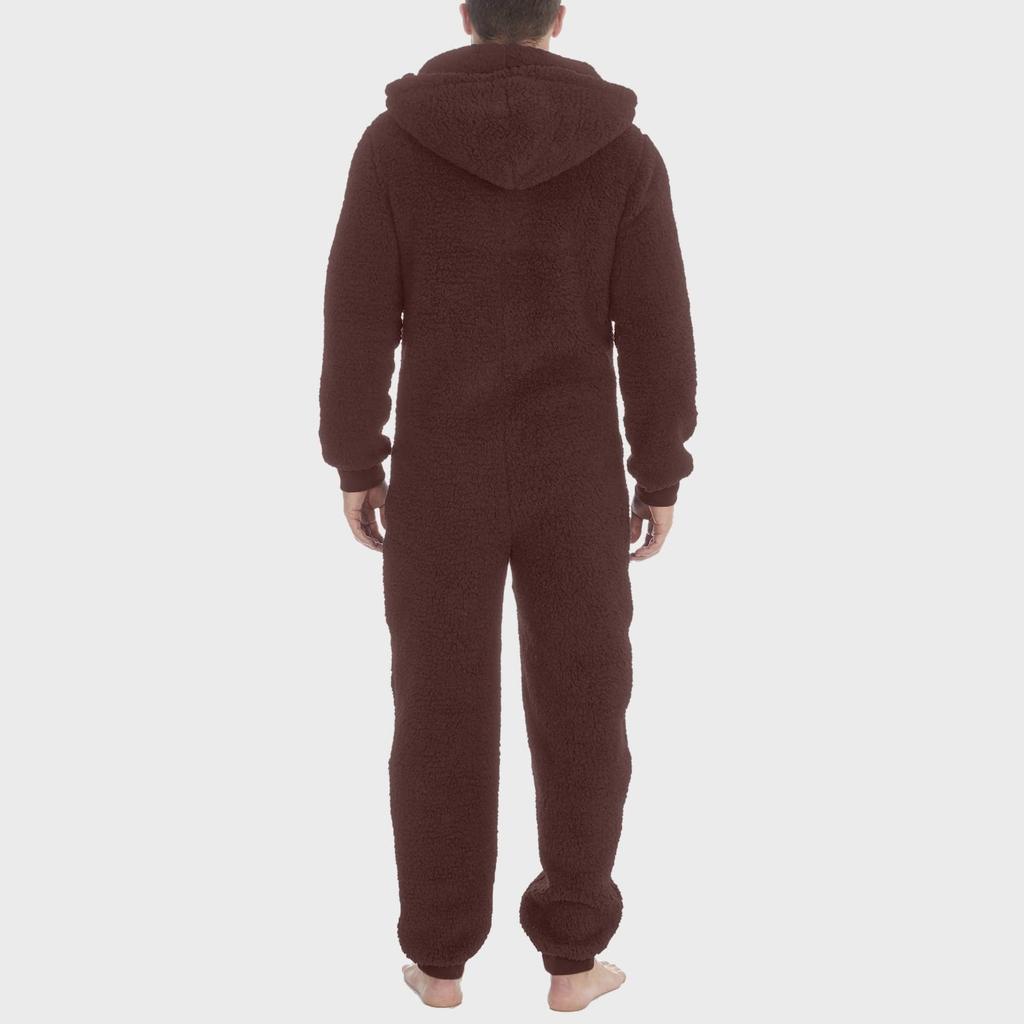 Men's Color Long Sleeve Hooded Pocket Zipper Plush Warm Jumpsuit Warm Pajamas
