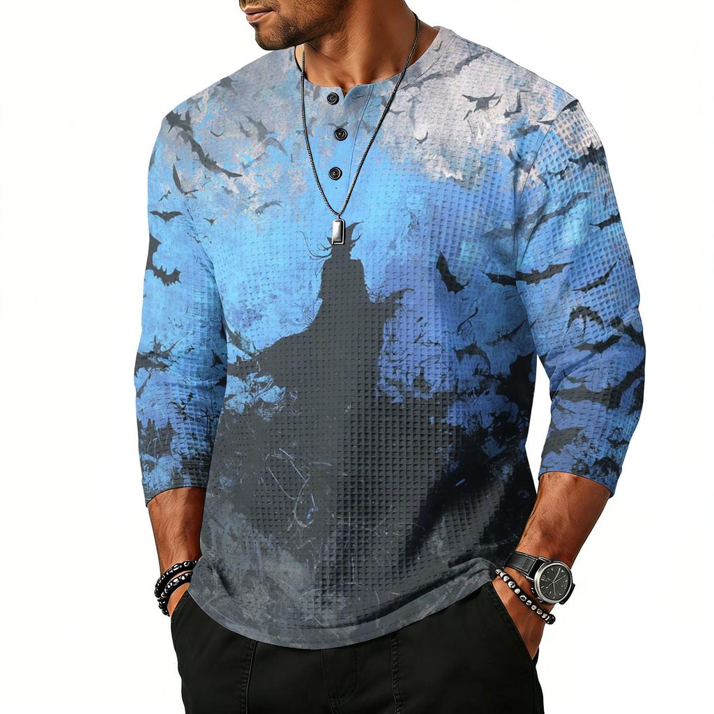 Men's Casual Halloween Print Henley Shirt Raglan Three Quarter Sleeve Top Lightweight Breathable Fabric Comfortable Fit