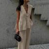 1116 Cotton V-neck Sleeveless Top Vest Trousers Set Women's European and American New Solid Color Temperament Commuter Two-piece Set