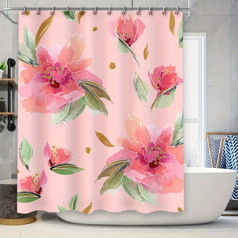 

Soft Breathable Peach Floral Shower Curtain For Bathroom Decor With Green Leaves Pink Flower Fabric Waterproof Washable Bath L 120x180cm
