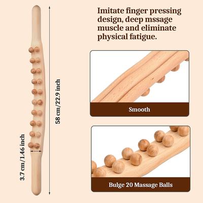 Snevad Wooden Massager Stick, Gua Sha Tools, 20 Beads, Neck and Back Pain Massager, Lymphatic Drainage, Non-Slip Handle, Portable Gift