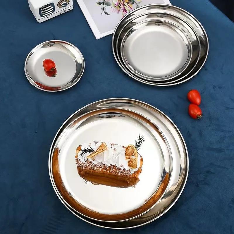 4PC Metal Dining Dish Stainless Steel Round Plate Shallow Tray BBQ Picnic Camping Food Container Tableware Dessert Plate Kitchen