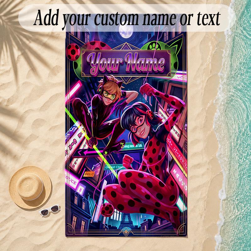Beach TowelMiraculous Ladybug Custom Name Text Personalized Soft Towel for Beach Pool Indoor Home Decor Gift