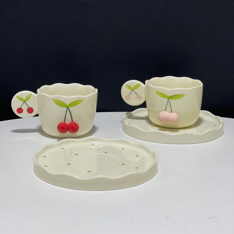 Japanese Hand-Painted Three-Dimensional Cherry Ceramic Cup And Saucer Cute Creative Home Coffee Cup And Saucer Set Personalized Birthday Gift