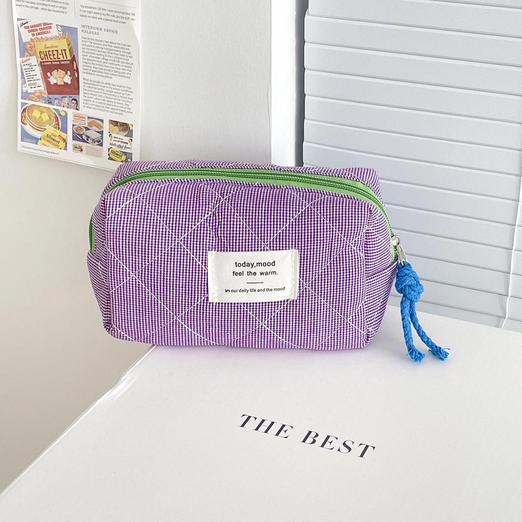 Vintage Japanese-Style Plaid Octagonal Bag - Color-Block Pencil Case & Makeup Pouch