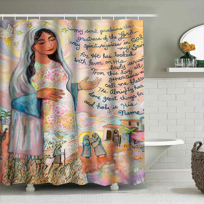 Artistic Shower Curtain Featuring A Colorful Depiction Of Mary With Jesus In Her Womb And Biblical Scenes Perfect For Adding A T