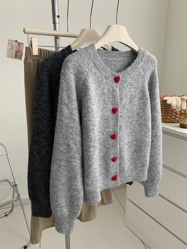 Japanese Wool Knit Cardigan - Retro 2024 Autumn/Winter, Soft, Warm, with Heart Buttons.