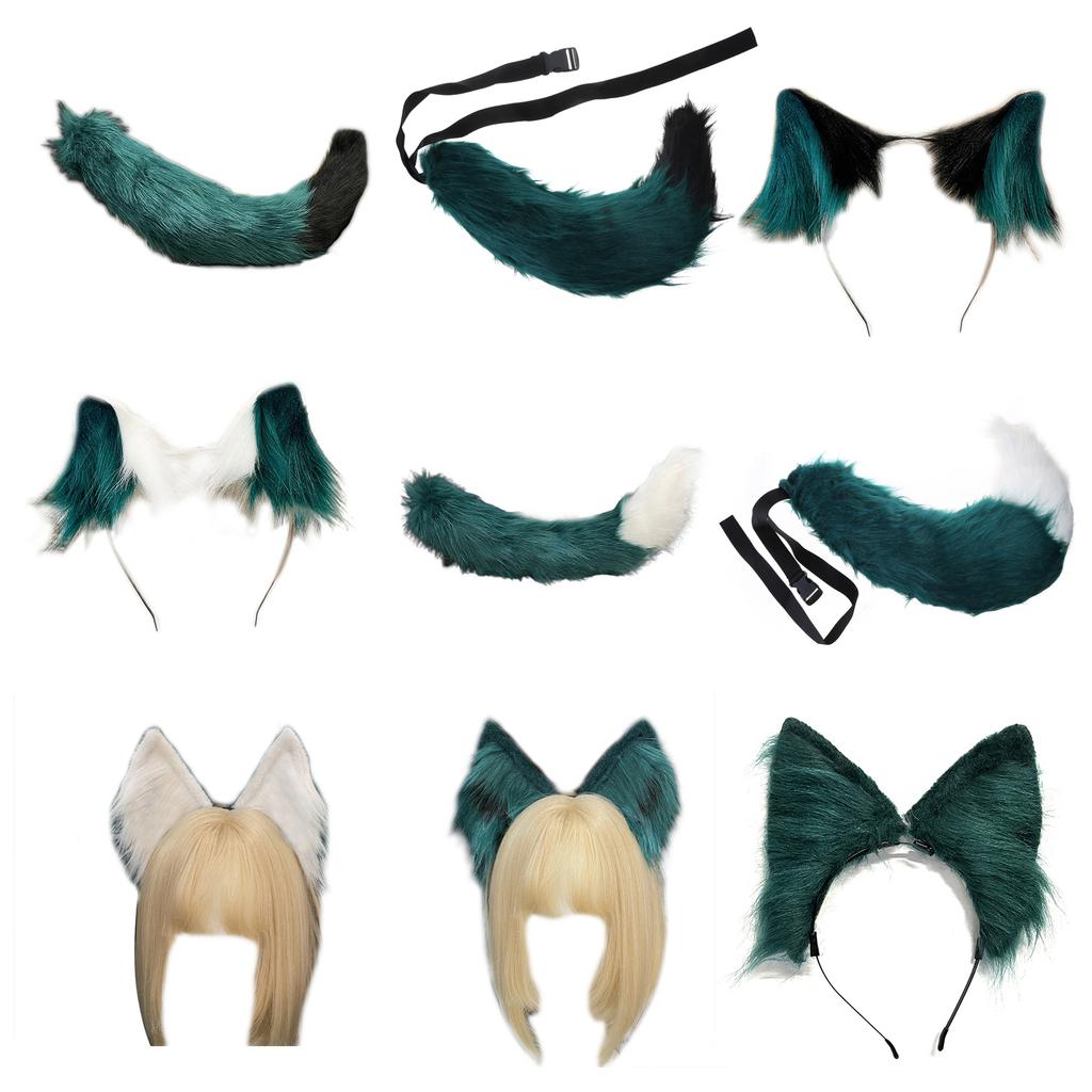 Opaska na głowę z wilczymi uszami ogon Dziewczęce akcesoria cosplay Bestia Uszy Zielony Fursuit Maskarada Impreza Cosplay