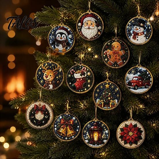 Festive Home Decoration 12PCS Christmas Tree 2D Flat Pendant, Pearl Acrylic Art Kits, Bright Fireplace Holiday Decor Color Classic Patterns