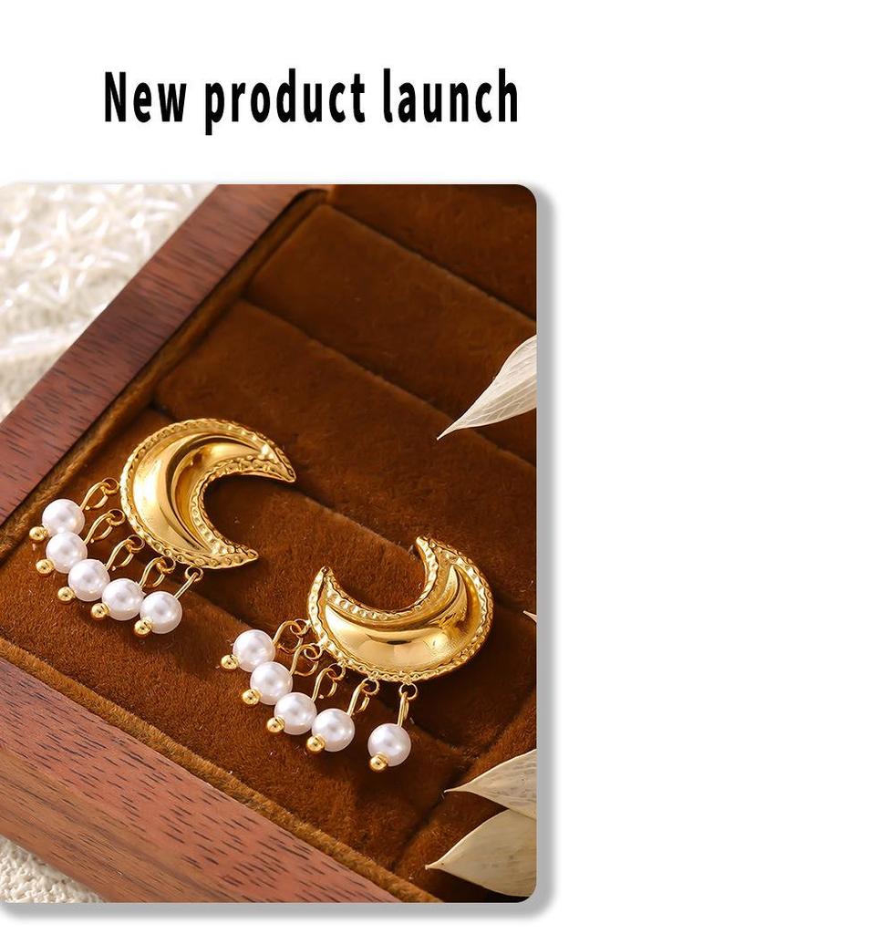 European and American Style Moon Tassel Faux Pearl Earrings: Irregular Geometric Titanium Steel Design