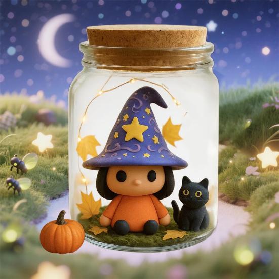 Adopt A Witch Hat Jar Halloween Witch Hat Doll with Black Cat in Jar Cute Light-up Decorative Jar for DIY Craft Gifts Party Favors