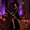 Halloween Light Up Witch Broomstick with LED String Lights for Holiday Party Indoor Outdoor Decoration Prop Requires Batteries