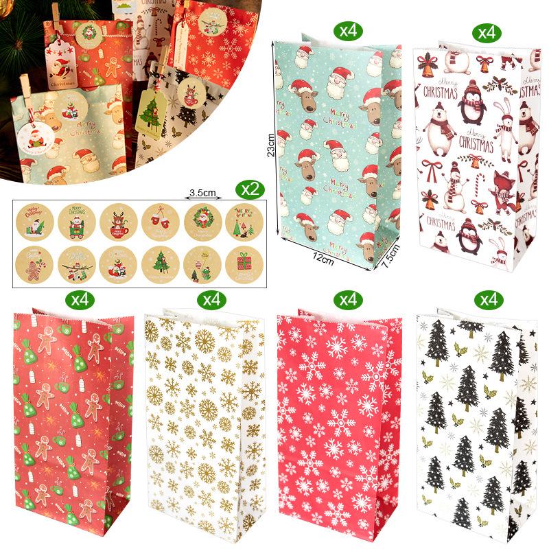 Christmas Gift Bags with Stickers - 24 Sets Advent Calendar Candy Paper Bags