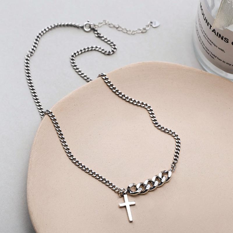 PANJBJ S925 Sterling Silver Korean Personality Glossy Cross Necklace Ladies Simple And Versatile Pendant Chain NecklacePANJBJ