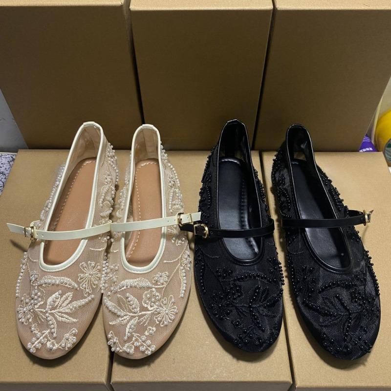 Soleist Retro Summer Women Mary Jane Shoes Embroidered Flower Brand Breathable Mesh Casual Footwear Designer Ballet Styles Female Flats