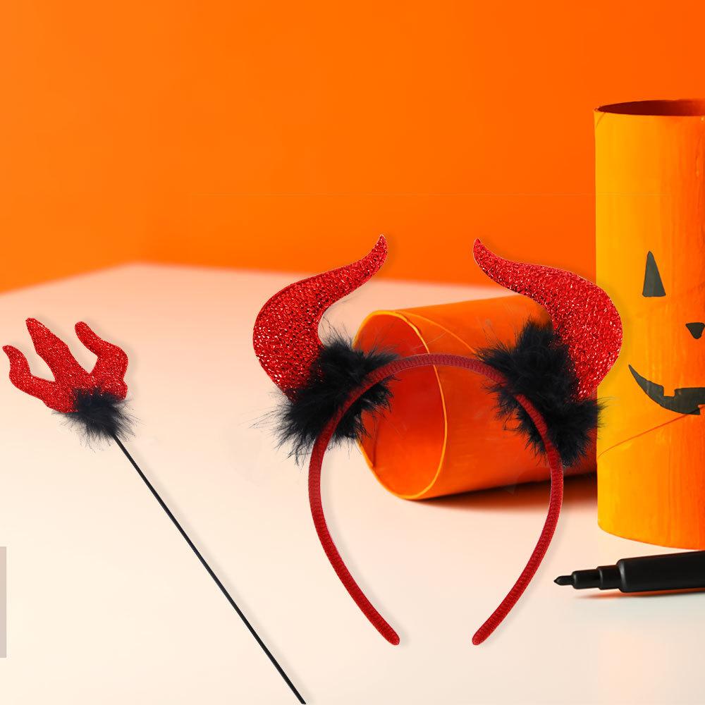 Stierhörner Halloween Teufelskostüm Set Glitzer Teufelshorn Stirnband Roter Stock Verkleidungsset Party