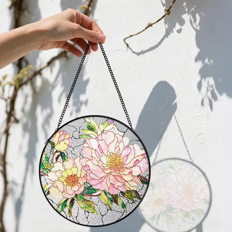 2D Flat Stained Glass Pink Peony Window Decoration, Elegant Colored Glass Plate with Chain, Charming Spring Summer Sun Catcher Wall Art Home Garden