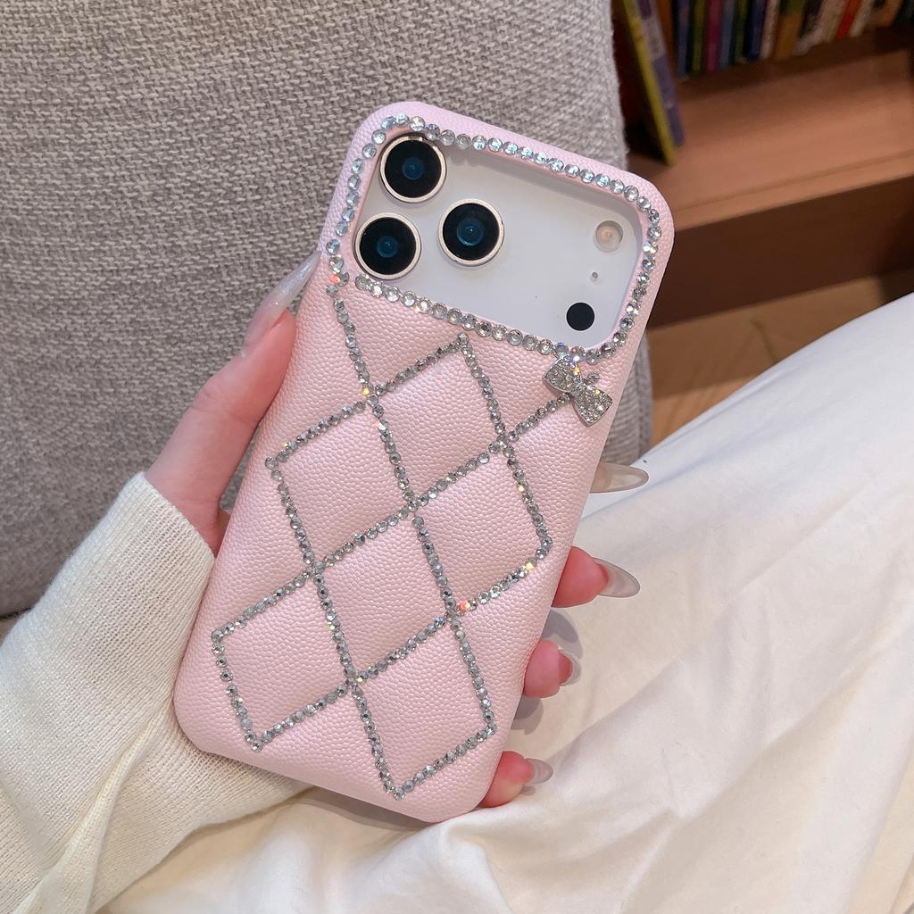 3D Grid Lattice Glitter Diamond PU Leather Hard PC Case for iPhone Air 16 15 14 13 17 Pro Max Bling Rhinestone Bowknot Cover