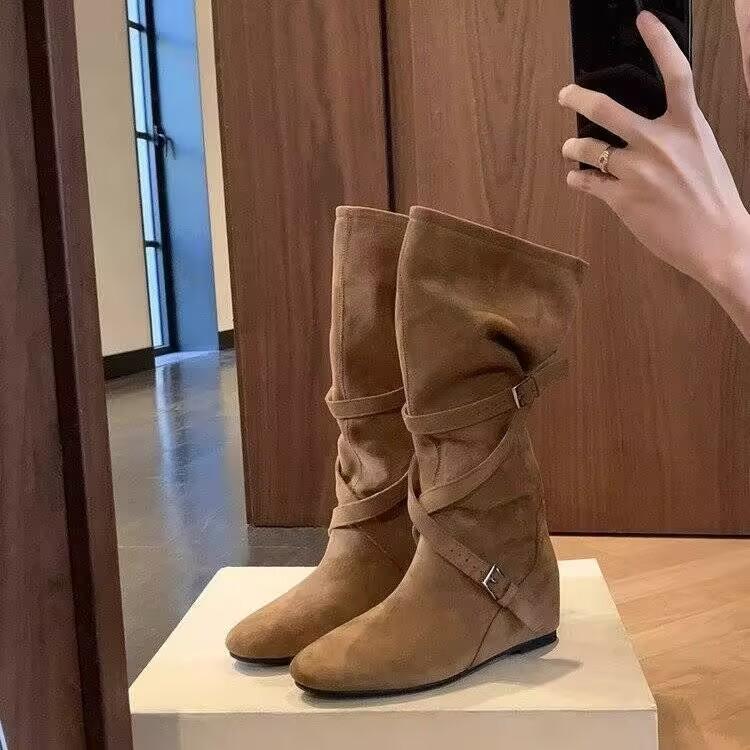 Soft Leather Version~ Height Increase 6cm Soft Leather Round Head Thin Medium Boots Women's Autumn and Winter New Soft Pleated Long Tube Stacking Boot