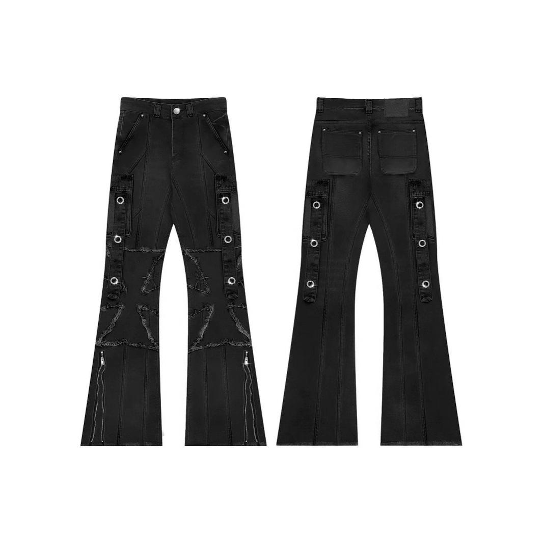 High Street Women s Dark Retro Multi-Pocket Denim Flare Pants - New Stylish Slimming Workwear. Large чёрный