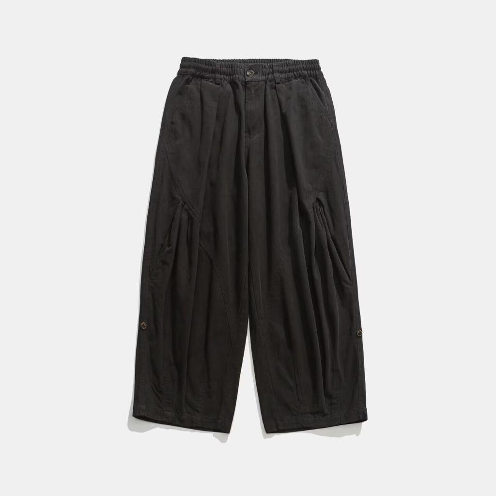 Fat Brother Men's Wide Leg Retro Pleated Pants: Elastic Waist, Loose Fit, Floor-Length, Hong Kong Style for Spring & Autumn