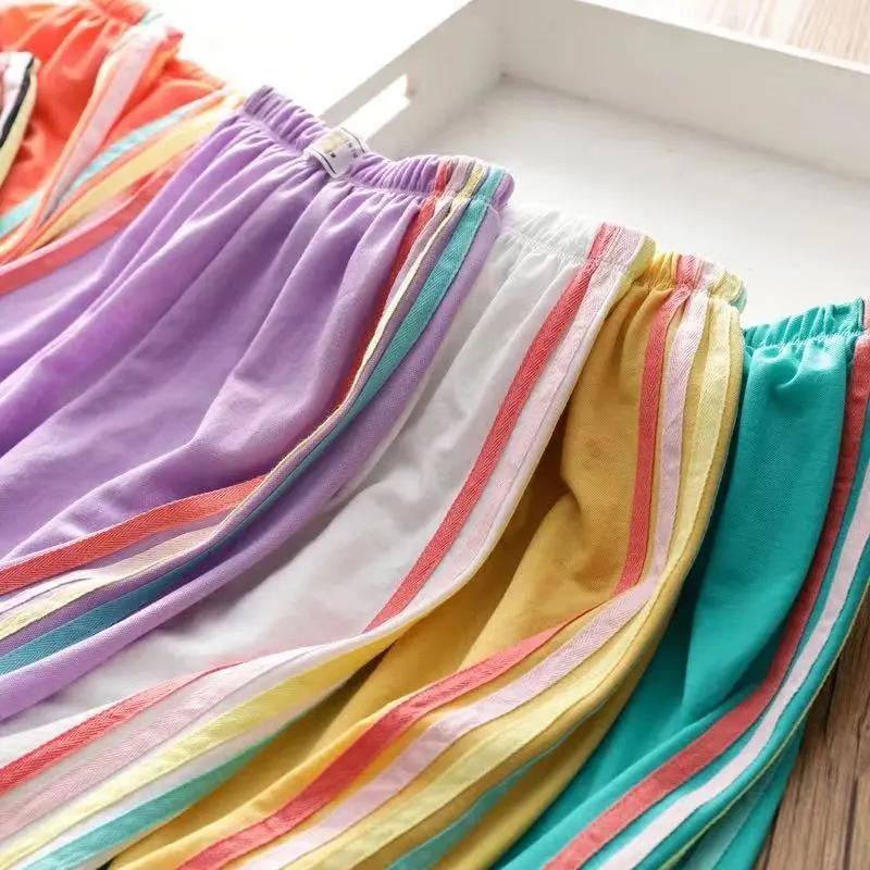 Girls' Ice Silk Cotton Rainbow Striped Casual Mosquito Pants Big Children's Baby Thin Sports Trousers Summer