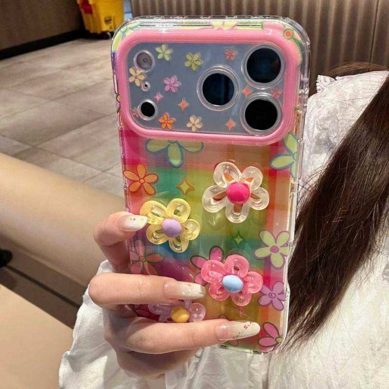 Colorful Plaid 3D Floral Hard Phone Case IPhone 15 16 17 Pro Max Womens Minimalist PC Cover