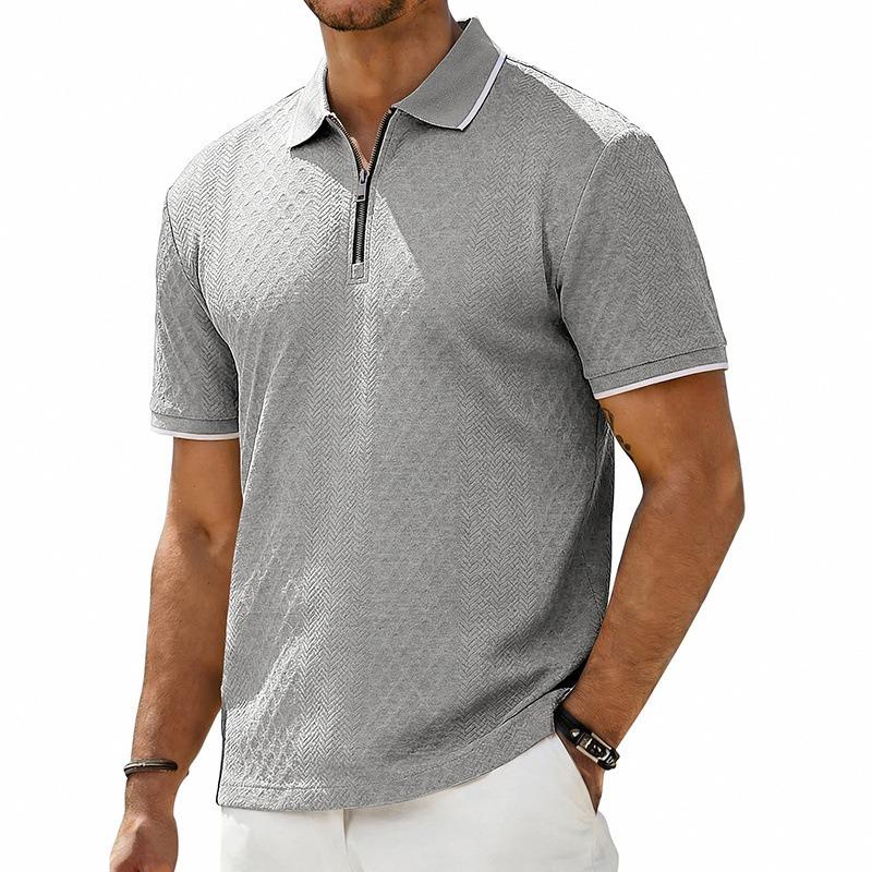 Men's Heavyweight Vintage Loose Jacquard Zip Short Sleeve Polo Shirt.