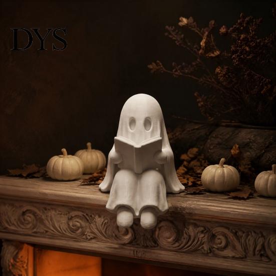 Trendy Desktop Ornament Ghost Reading Book Halloween Decoration, 3D Printed Shelf Sitter Statue, Gothic Style Decor Cute Spooky Sitting Figurine