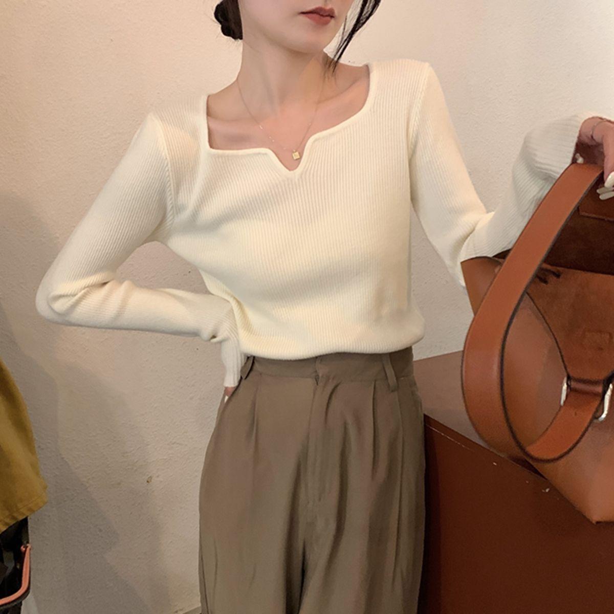 

Тонкий свитер с длинными рукавами в Корейском стиле с v-образным вырезом, простой дизайн, модный трикотаж для женщин M абрикосовый