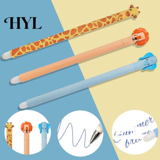 Erasable Writing Tool 3 Pcs Gel Pens Cartoon Animal Rollerball 0.5mm Gentle Black Ink Refillable for Girls Boys Office School Supplies Non-damaging