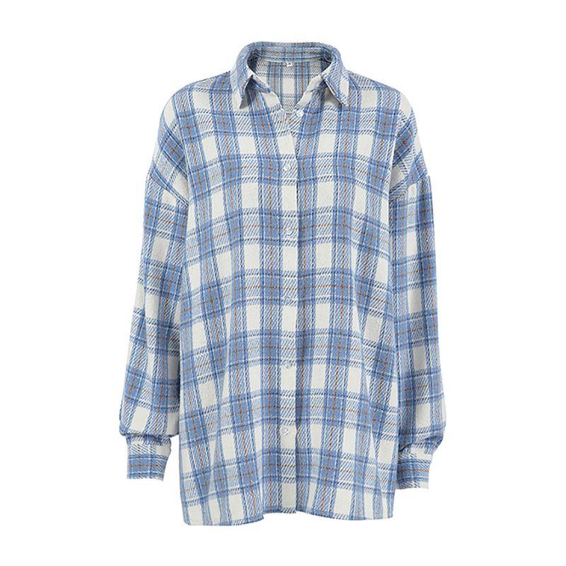Fashion 2025 Fall and Winter Casual Blue Gingham Shirt Loose Women's Tops All-Match Commute