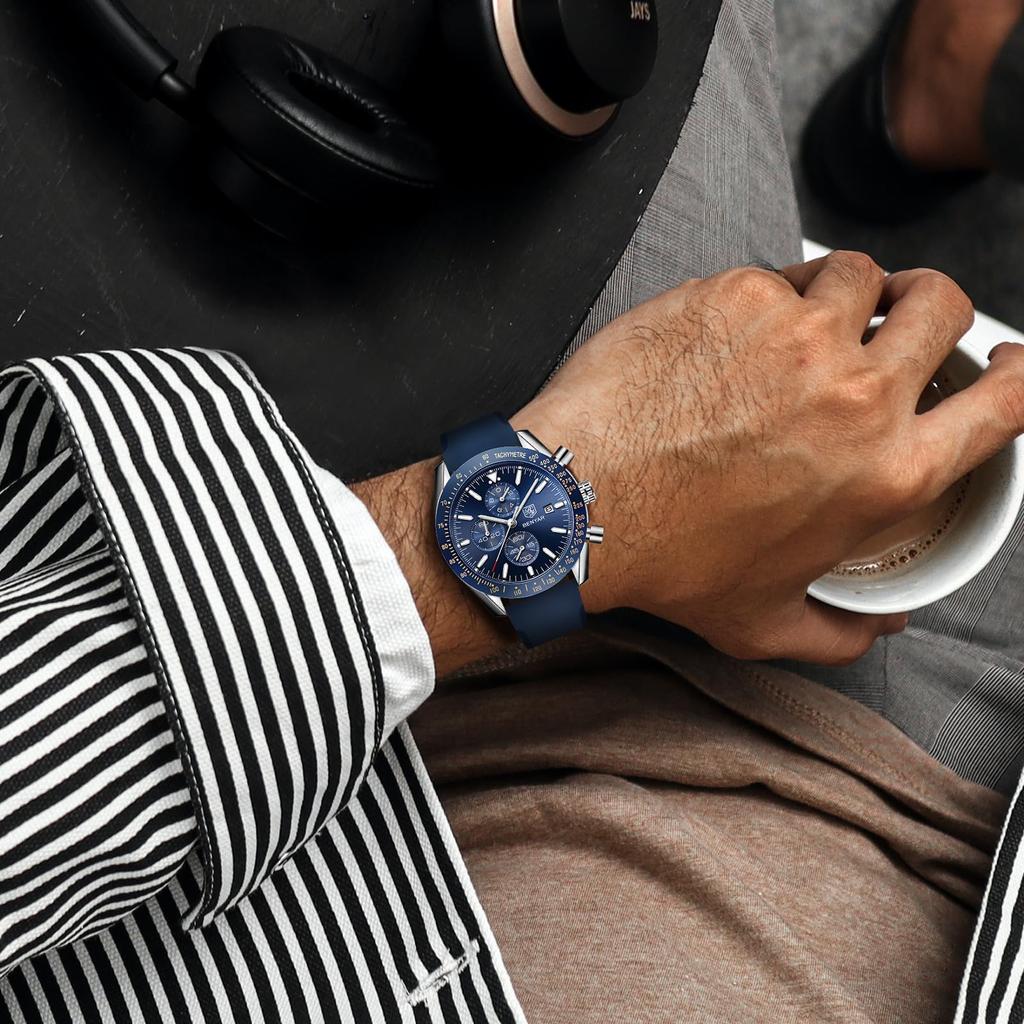 BY BENYAR Watch Watch Chronograph Analog Watch 30M Waterproof Business Simple Stylish Popular Formal Leather Belt Quartz Watch Gift for Men Blue
