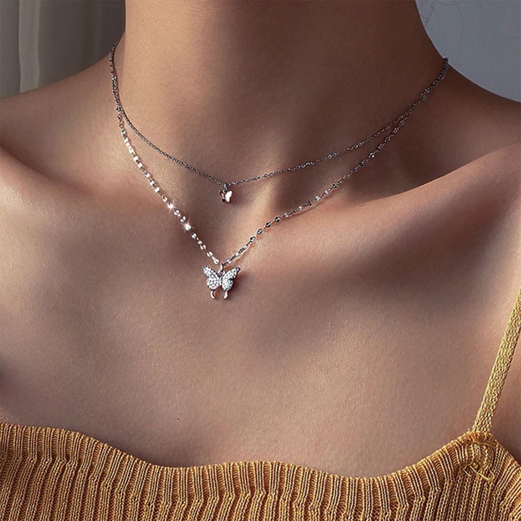 Vintage Layered Crystal Butterfly Necklace Stylish Minimalist Design Pendant Necklaces Gift for Women Teen Girls Girlfriend