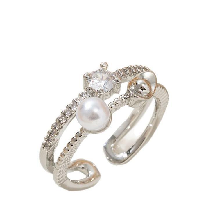 Fashion Design, Pearl Open Ring, Women's Light Luxury, Elegant and High-end Temperament, Full of Diamonds, Zircon Ring.