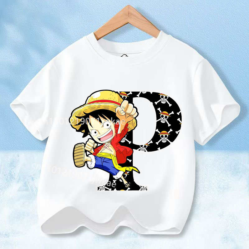 2026 New One Piece Letter A-Z Anime Luffy Gear  Cartoon Graphic Cotton T-shirt for Children Summer Sports Tees Casual Kids Tops