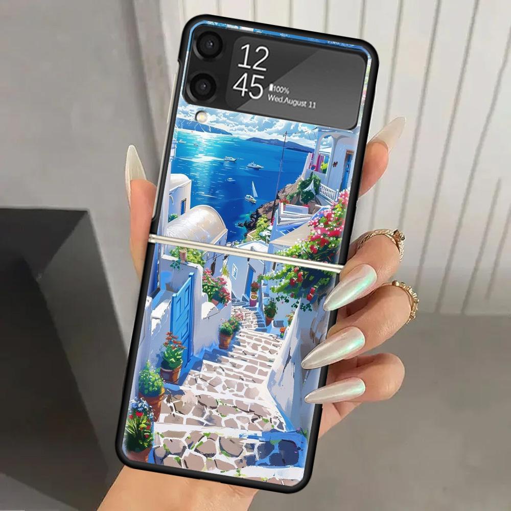 Griechenland Im Sommer Santorini Harte PC Handyhülle Für Samsung Galaxy Z Flip 7 6 5 4 3 Schwarz ZFlip7 ZFlip6 Flip5 Flip4 Flip3 5G Druck