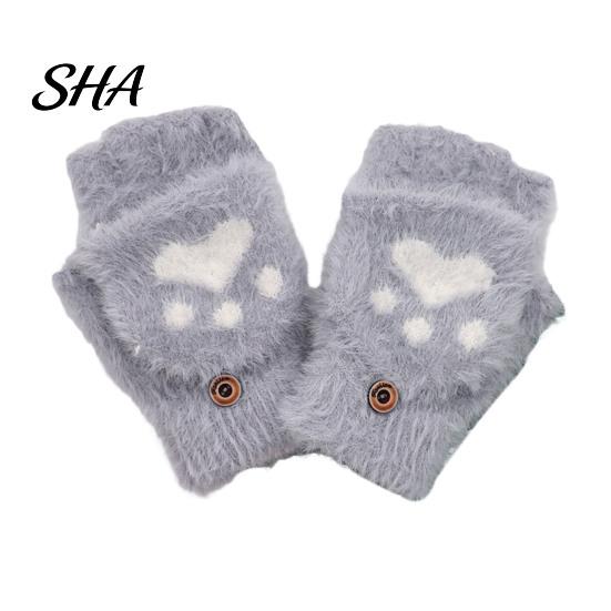Cute Bear Paw Thermal Mittens Furry Cat Gloves, Flip Top Mitten with Button for Women, Winter Fluffy Plush Accessories Half Finger Gloves Print