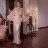 European and American Women's Clothing Cross-border  Autumn New Light Luxury Perspective Bubble Sleeves Satin Waist Celebrity Dress Set