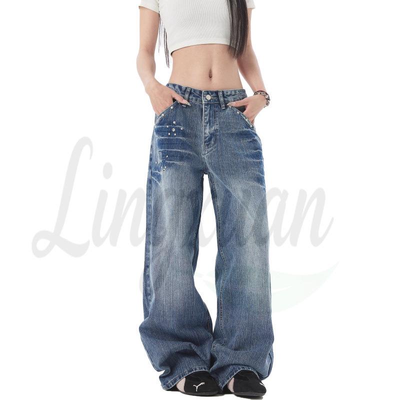 Women s American Retro Distressed Bamboo-Rivet Straight Jeans S