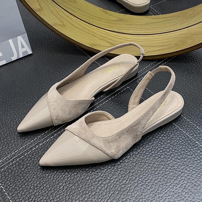 Fashion sexy ladies pointed toe sandals low heel slingback summer shoes woman patent leather patchwork sandalias mujer big size 43