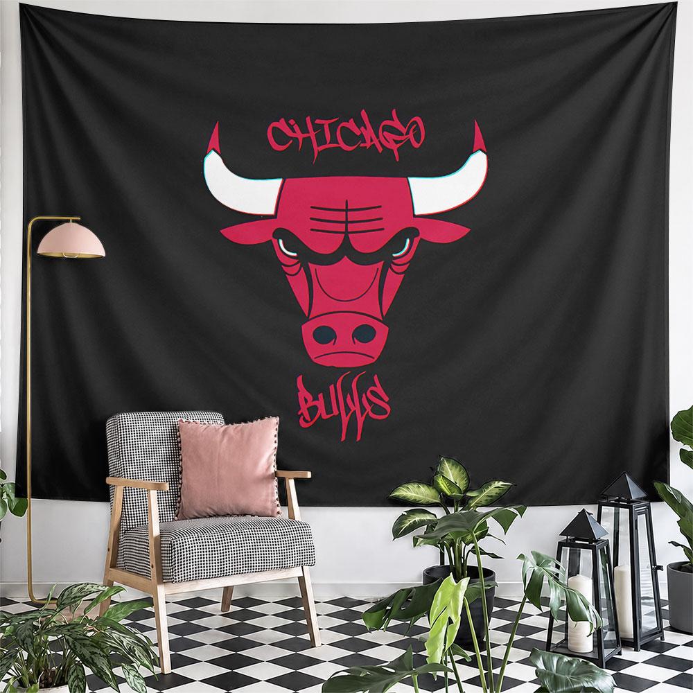 Stylized Red Bull Head with White Horns and Graffiti-style "Chicago Bulls". Patterned Tapestry for Bedroom and Living Room Home Decor