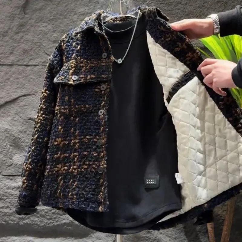 Elegant Plaid Warm Padded Jacket Men's Korean Streetwear Parkas Trendy Versatile Loose Thickened Lapel Shirt Jacket Men Clothing