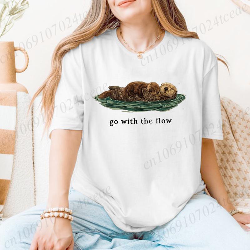 Go with The Flow Shirt,Cute Otter Print Women s T-Shirts,Sea Otter Lover Gift,Vintage Nature Graphic T-shirt,Ocean Life Tees S