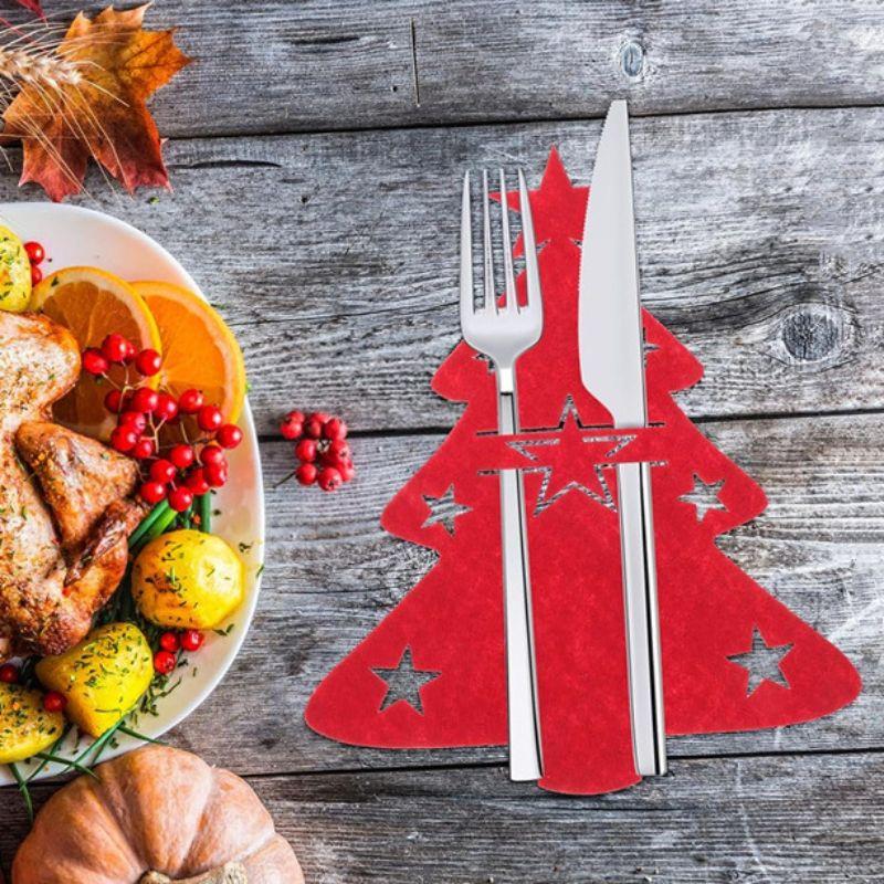 4-teiliges Besteckset, Weihnachtsmesser- und Gabelhalter, Elch-Weihnachtsbaum-Tasche, Vliesstoff, Kochgeschirr-Organizer, Tischdekoration