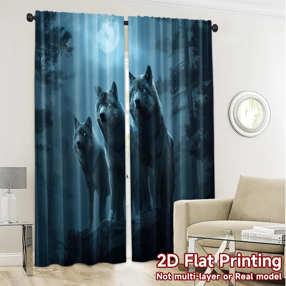Set Of 2 Contemporary Flat Printing Curtains Without Rod Moonlit Wolves Modern Versatile Polyester Curtain