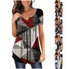 Women's V-Neck Color Block Patchwork Printed Button Flower Short Sleeve T-shirt Top