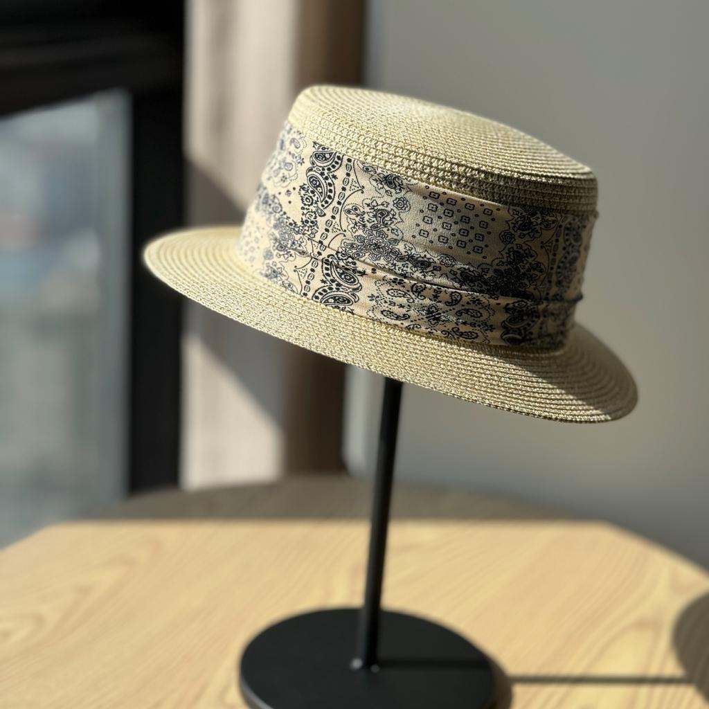 Elegant Retro Straw Hat Women's Summer Sun Protection Hat Printed Sun Hat Vacation Straw Top Hat