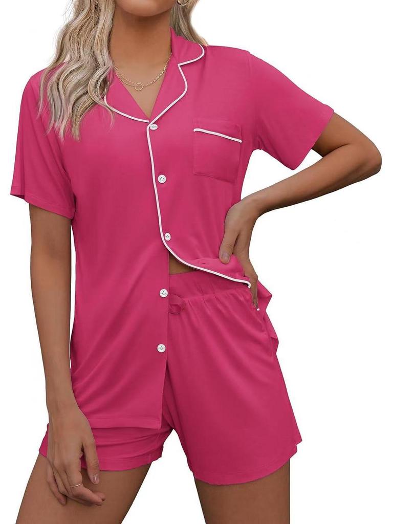 European & American Casual Lapel Women's Short Sleeve Cardigan Pajama Set with Shorts