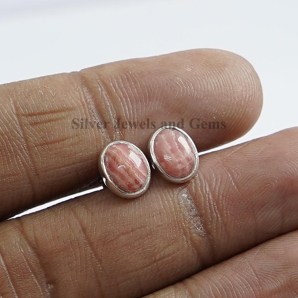 Rhodochrosite 925 Sterling Silver Stud Earrings, Oval Gemstone Studs